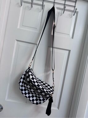 Black & White Checkerboard Crossbody Bag with Adjustable Strap